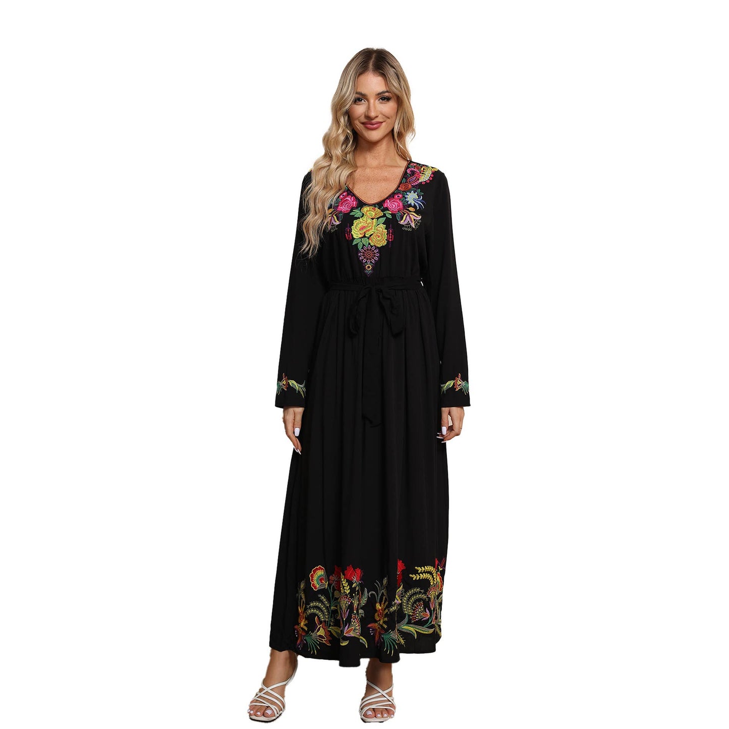 Ethnic style embroidered waist-slimming dress