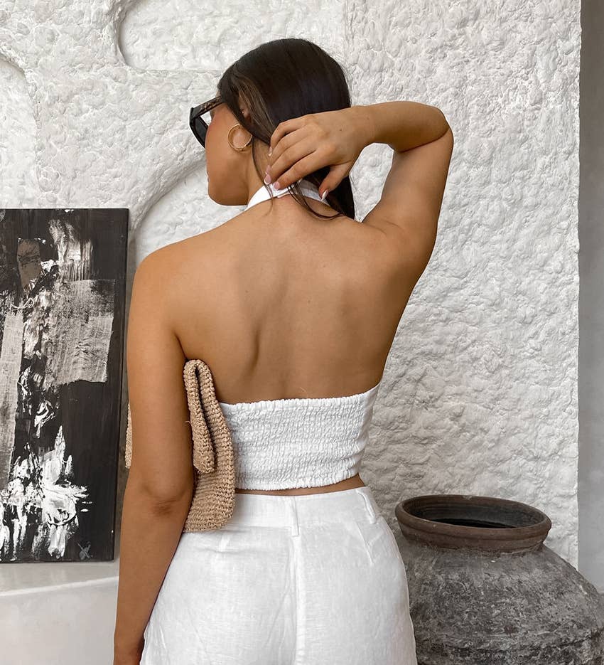 V-neck backless vest & high-waist shorts set