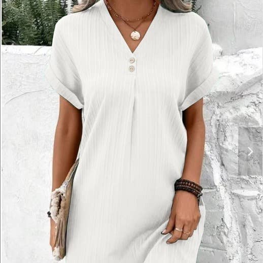 V-neck solid-color pullover casual button dress