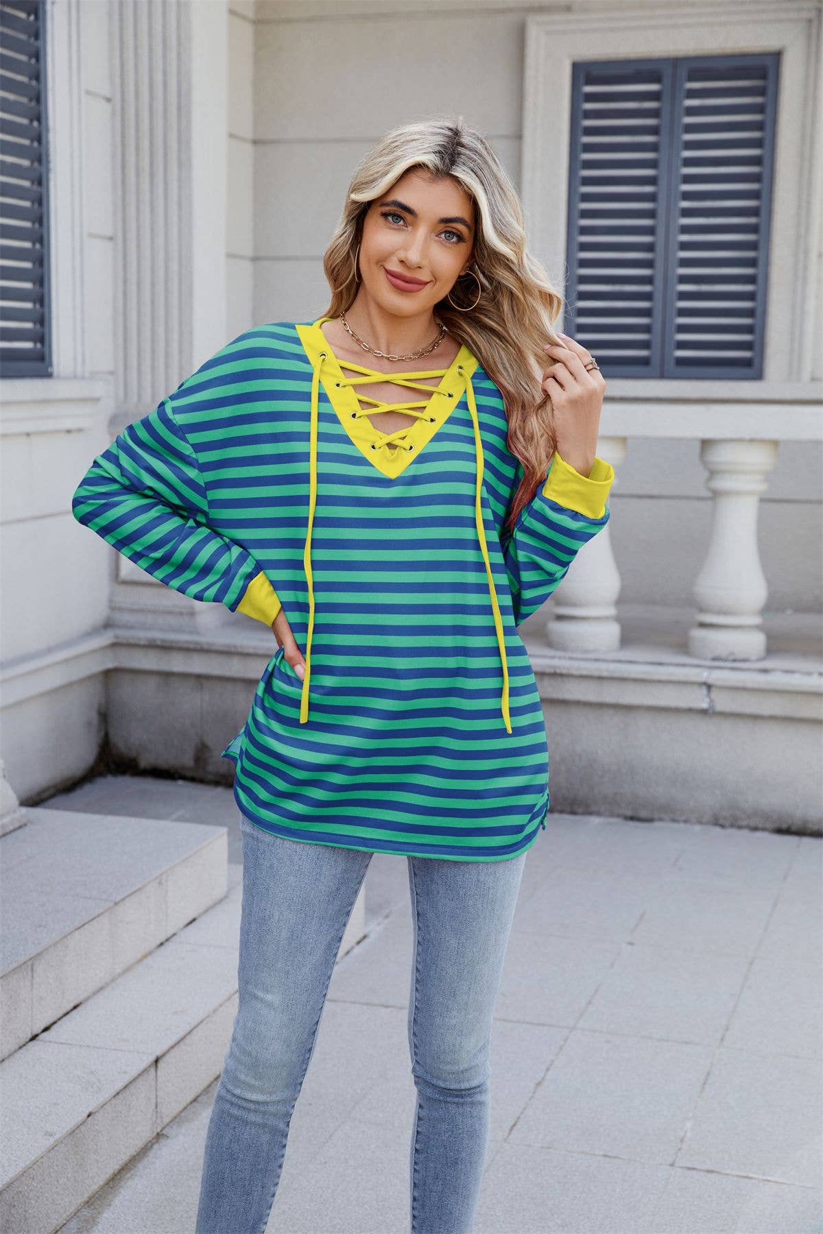 Striped V-neck fashion sexy lace-up sweatshirt