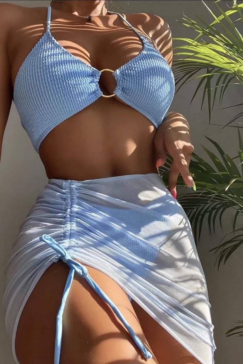 CWMW0888_SOLID COLOR HALTER NECK TWO-PIECE BIKINI SWIMSUIT