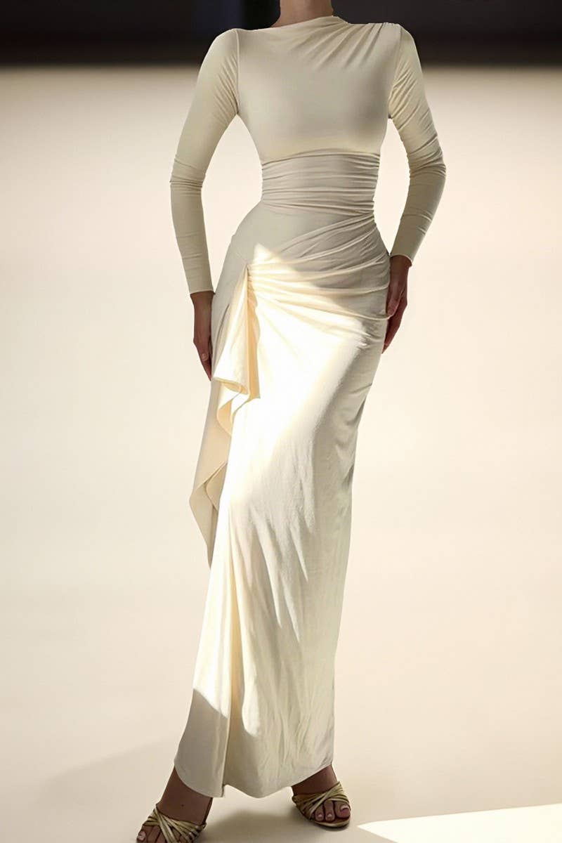 CWDMD01174_SOLID LONG SLEEVE SLIM FIT HIGH WAIST DRESS