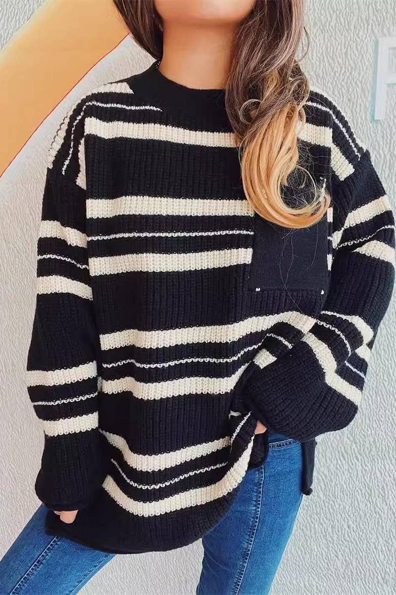Thick pin stripe color contrast round neck pullover