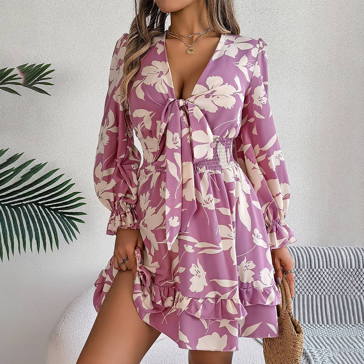 LONG SLEEVE A-LINE DRESS WITH WOODEN EAR TRIM