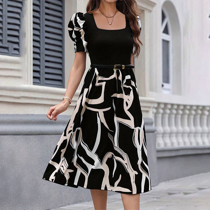 KNITTED PRINT STRETCH SQUARE COLLAR DRESS
