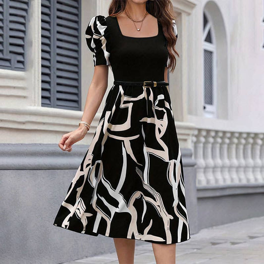 KNITTED PRINT STRETCH SQUARE COLLAR DRESS