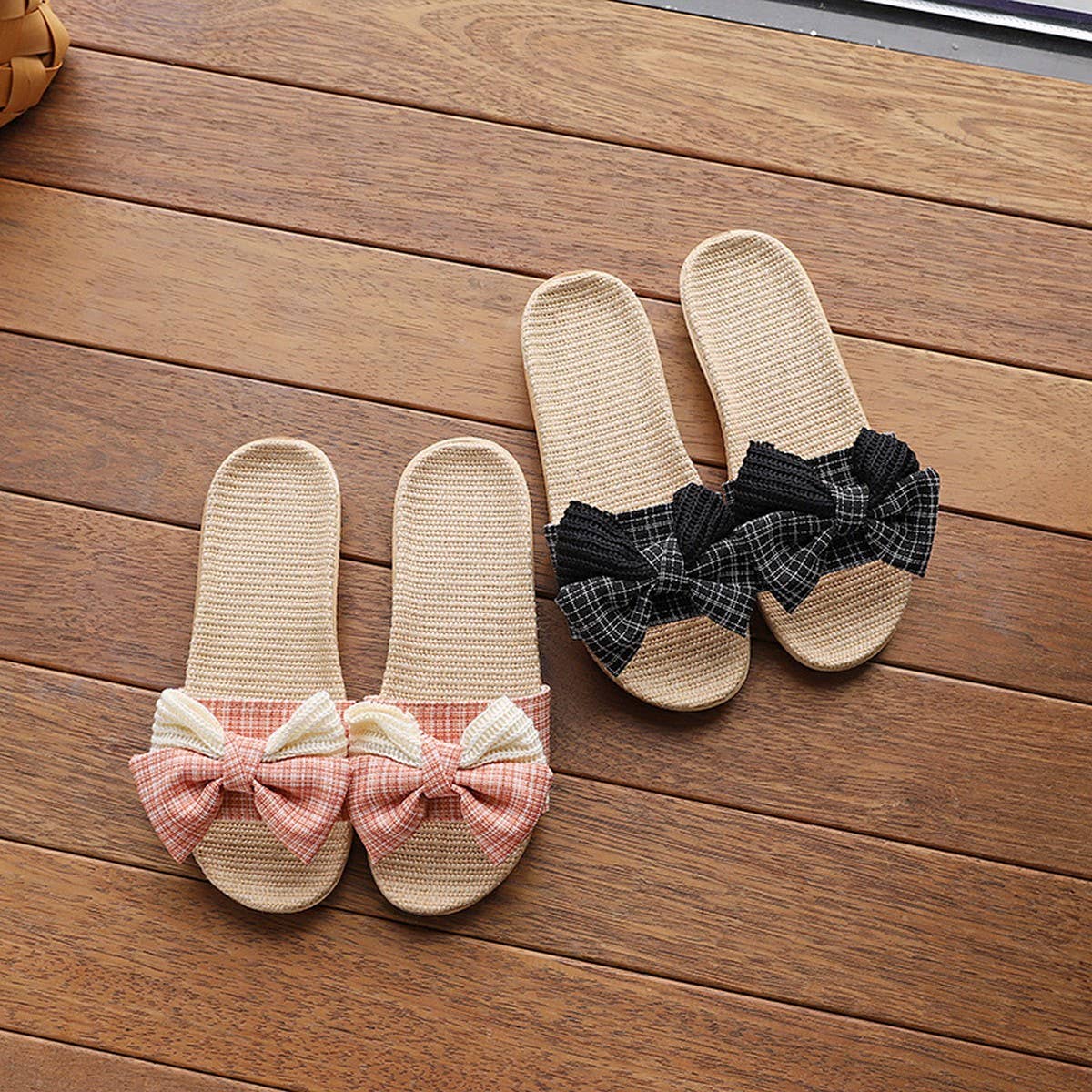 Korean Linen Bow Slippers Soft Sole Non-Slip