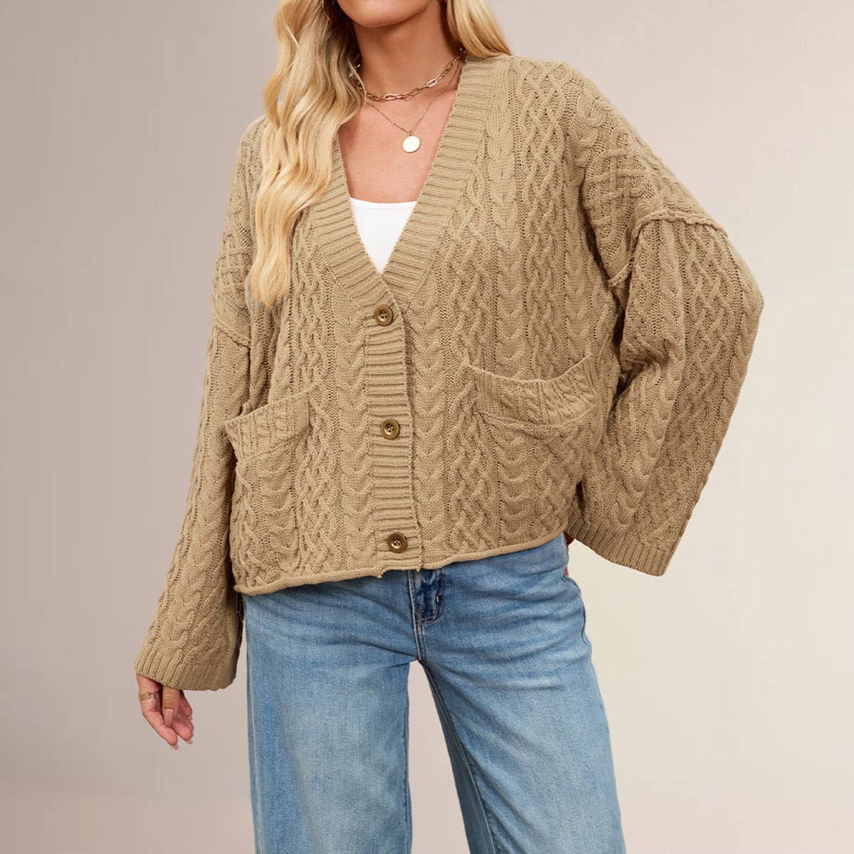 Twist loose pure color single-breasted cardigan