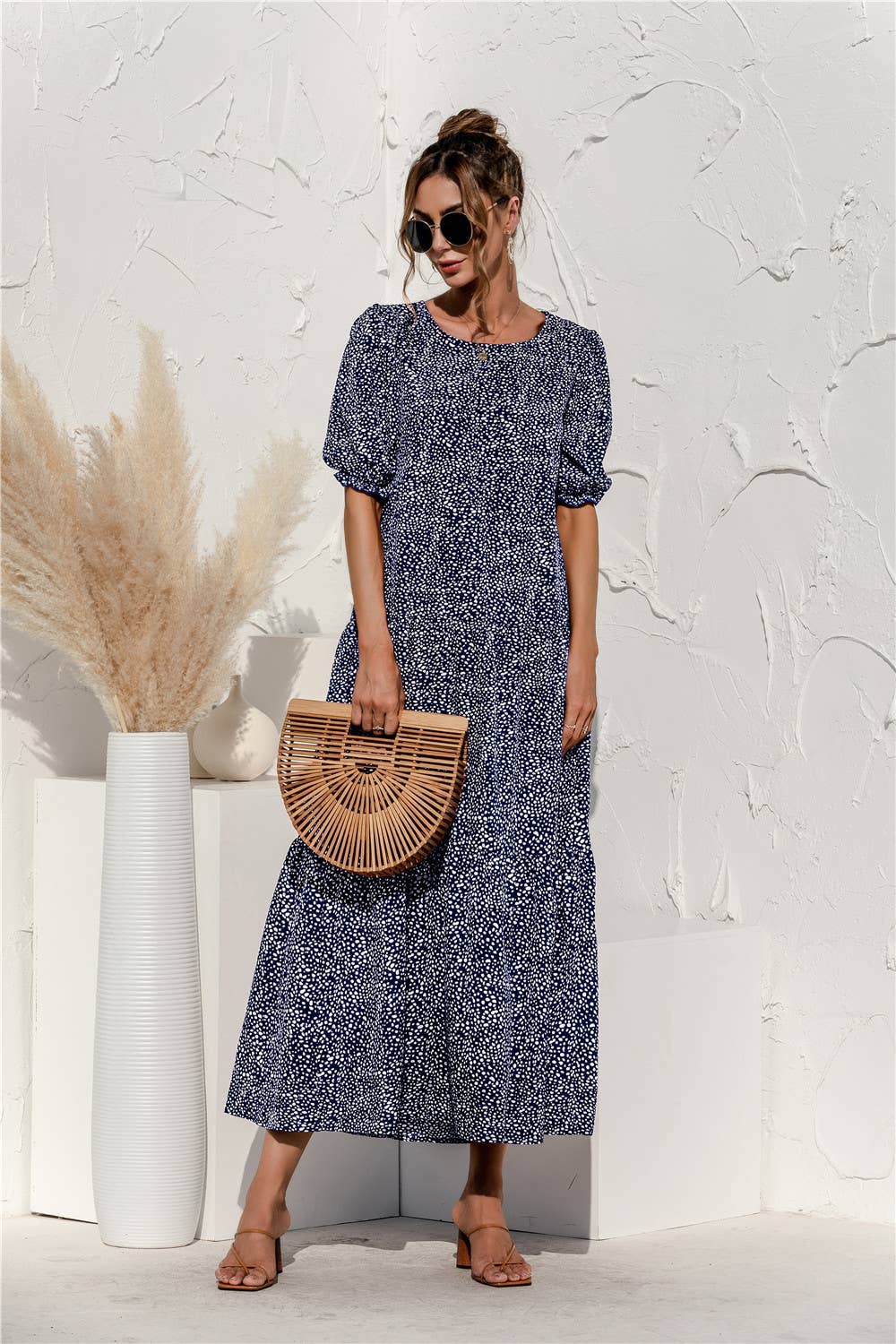 Puffed sleeve polka dot plaid patchwork dress