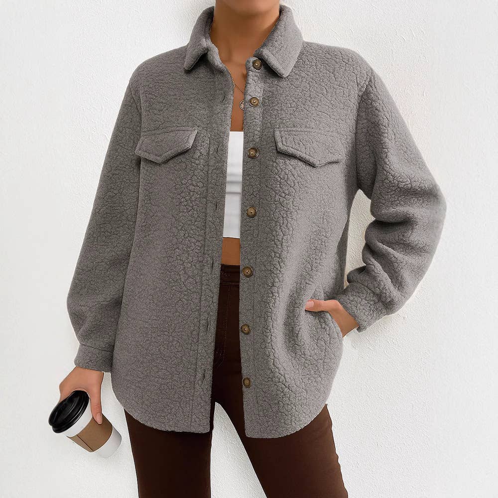 Solid-colored long-sleeved lapel fleece coat