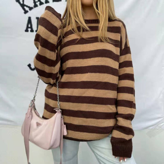 KNIT STRIPED CREW NECK STREET HIPSTER SWEATER