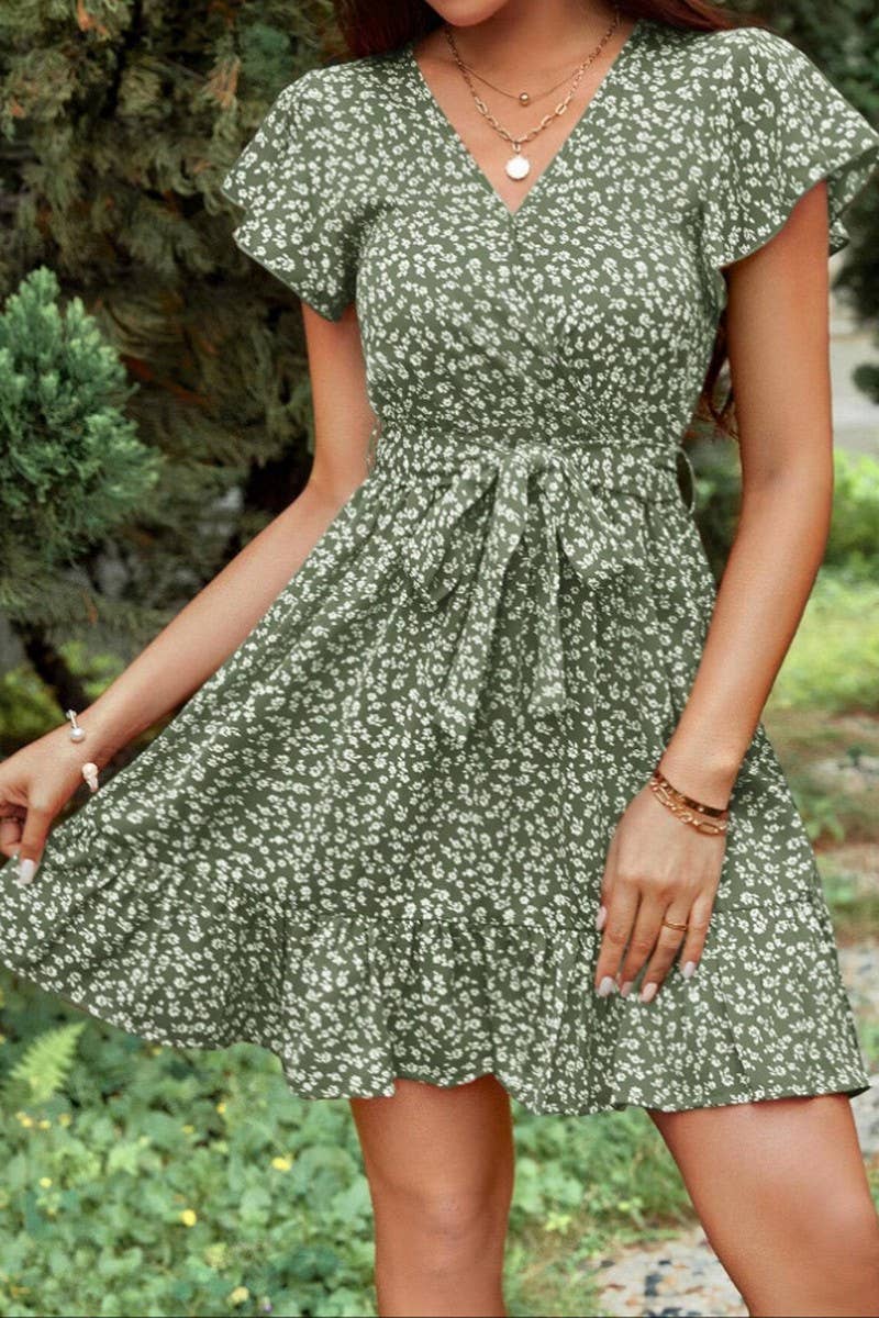 CWDSD10543_V-NECK RUFFLED SHORT-SLEEVED SEXY FLOWING DRESS