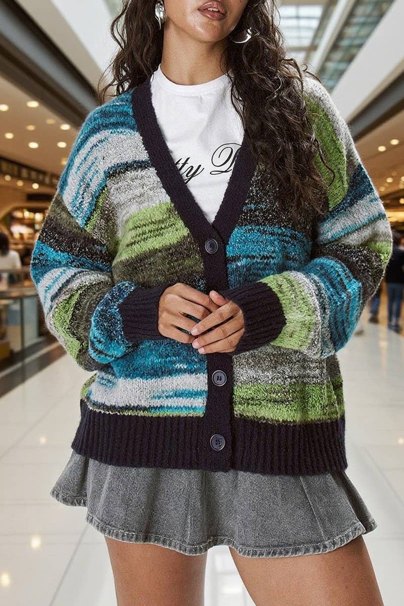 CWOCAL00829_GRADIENT STRIPE V NECK CROPPED KNIT CARDIGAN