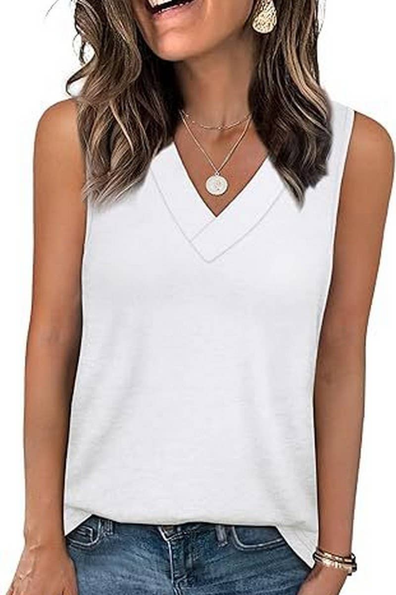 Cwtblsl0908_Solid V-Neck Sleeveless Casual Tank Top