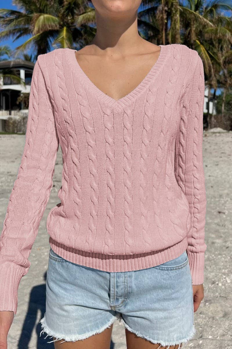 CWOSWL07507_V-NECK CASUAL SIMPLE LONG-SLEEVED KNITTED TOP