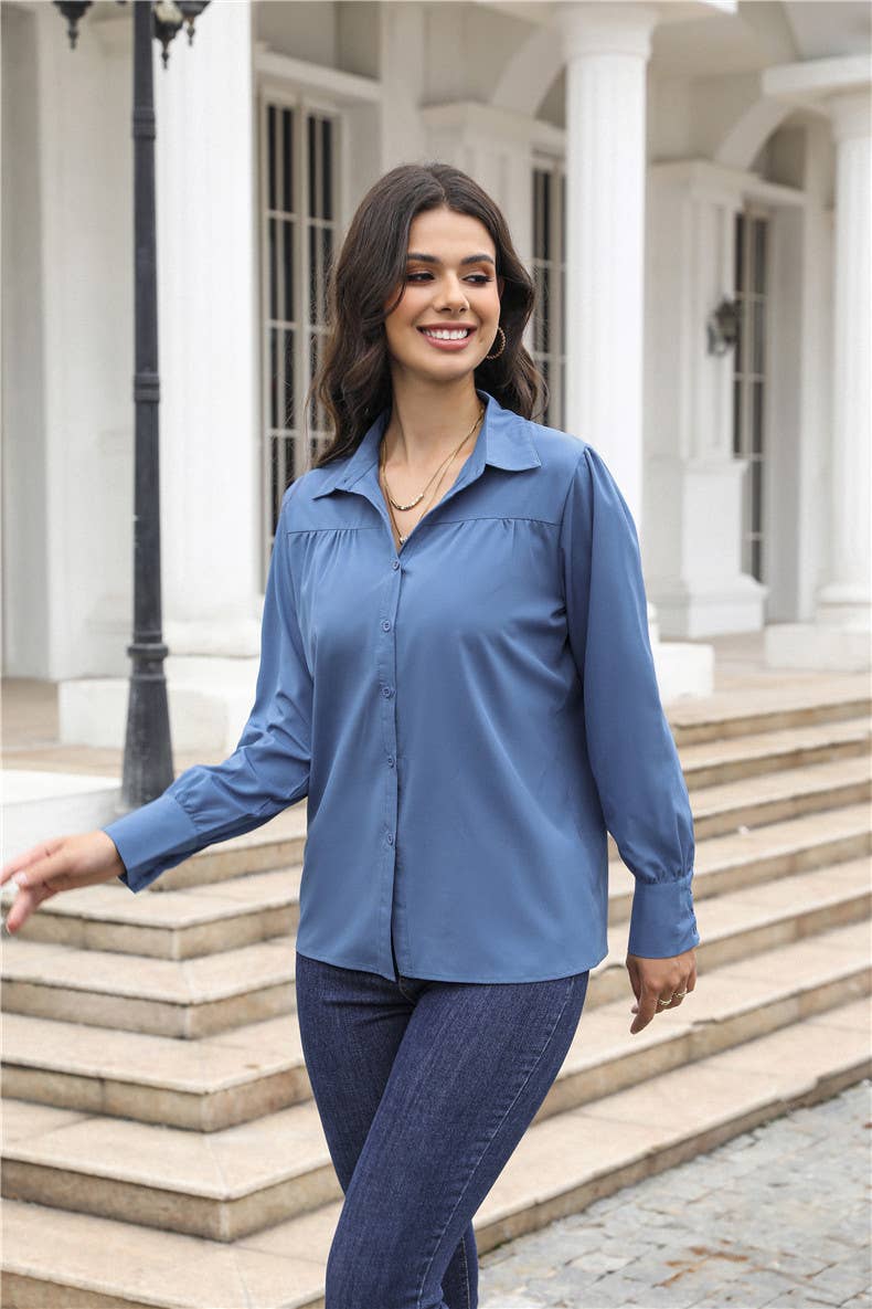 Lantern-sleeve pleated stand collar loose shirt