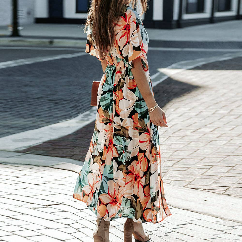 STYLISH V-NECK SLITS PRINT DRESS