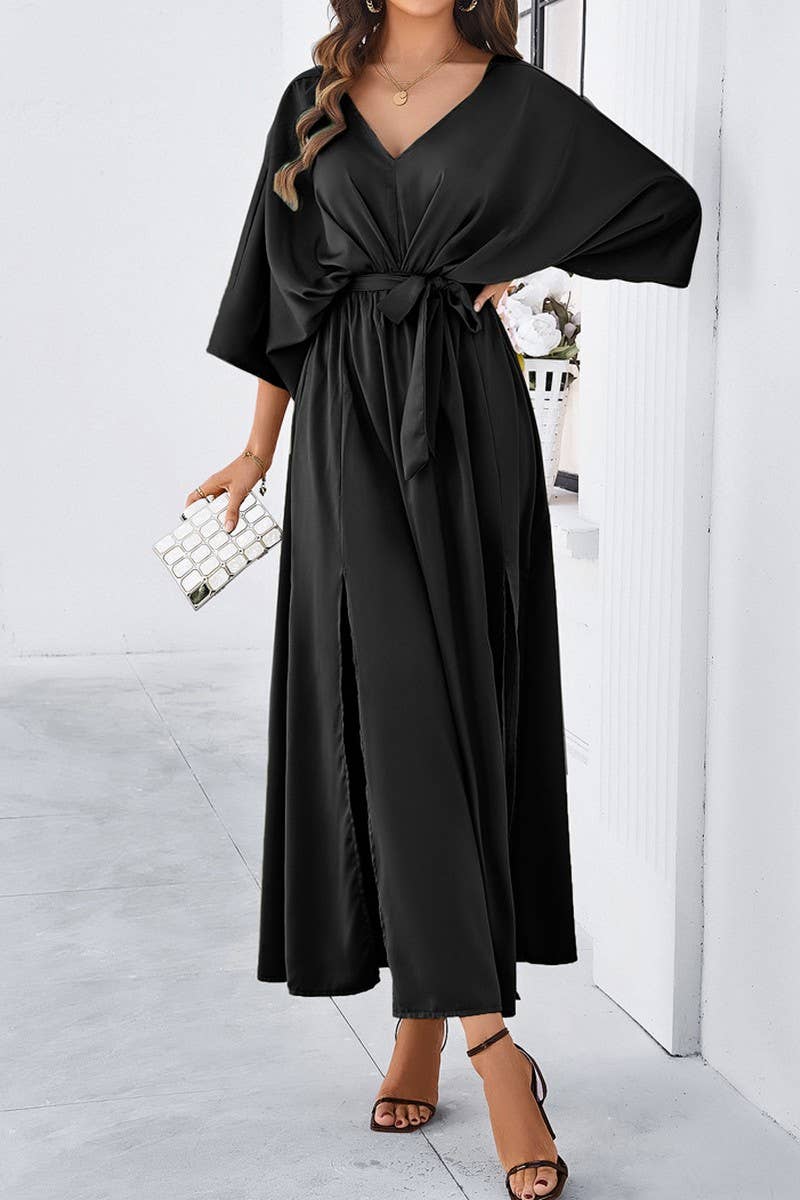 CWDMD1334_V-Neck 3/4 Sleeve With Belt Maxi Dresses
