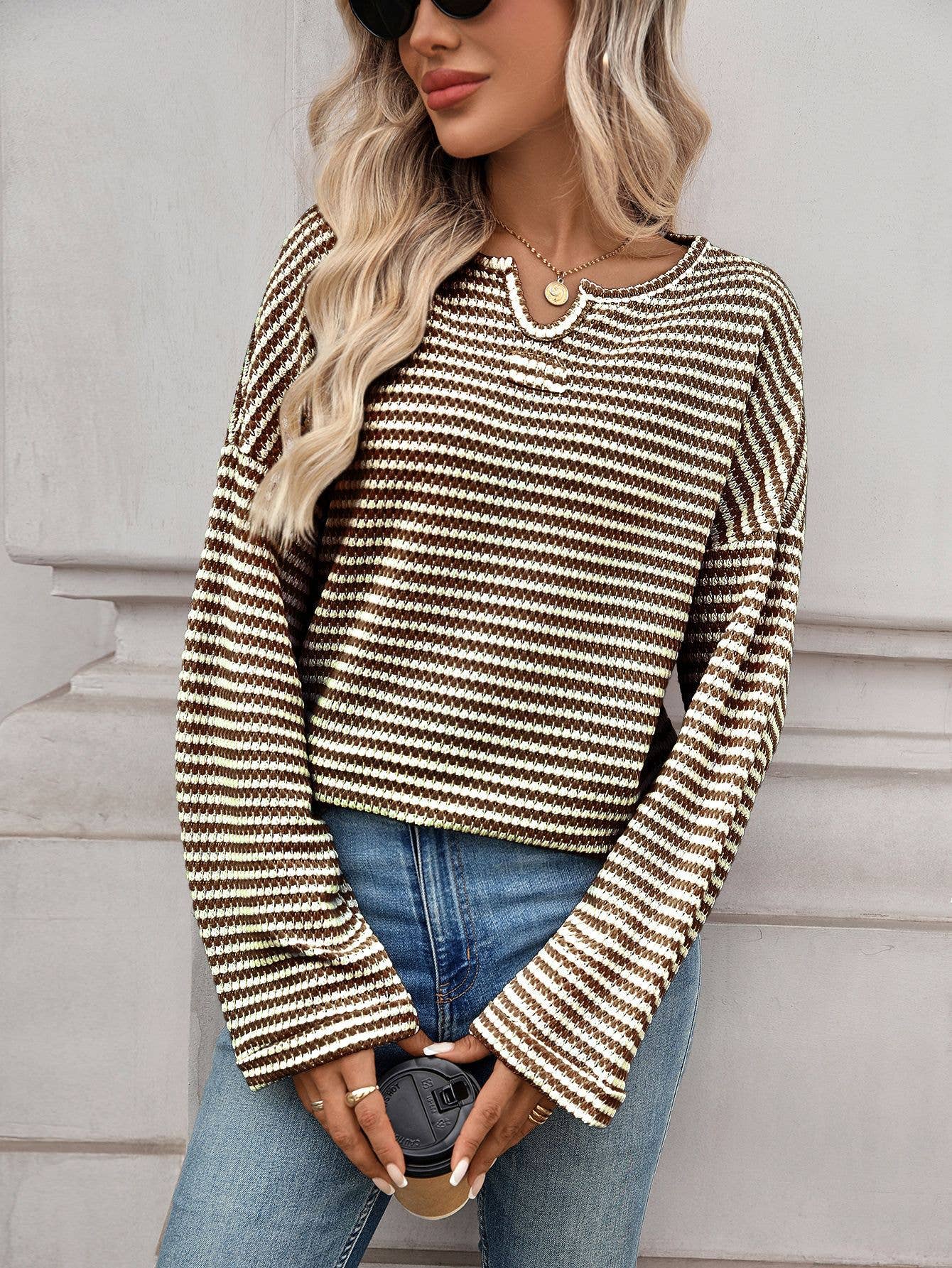 Waffle round-neck solid-color knitted T-shirt
