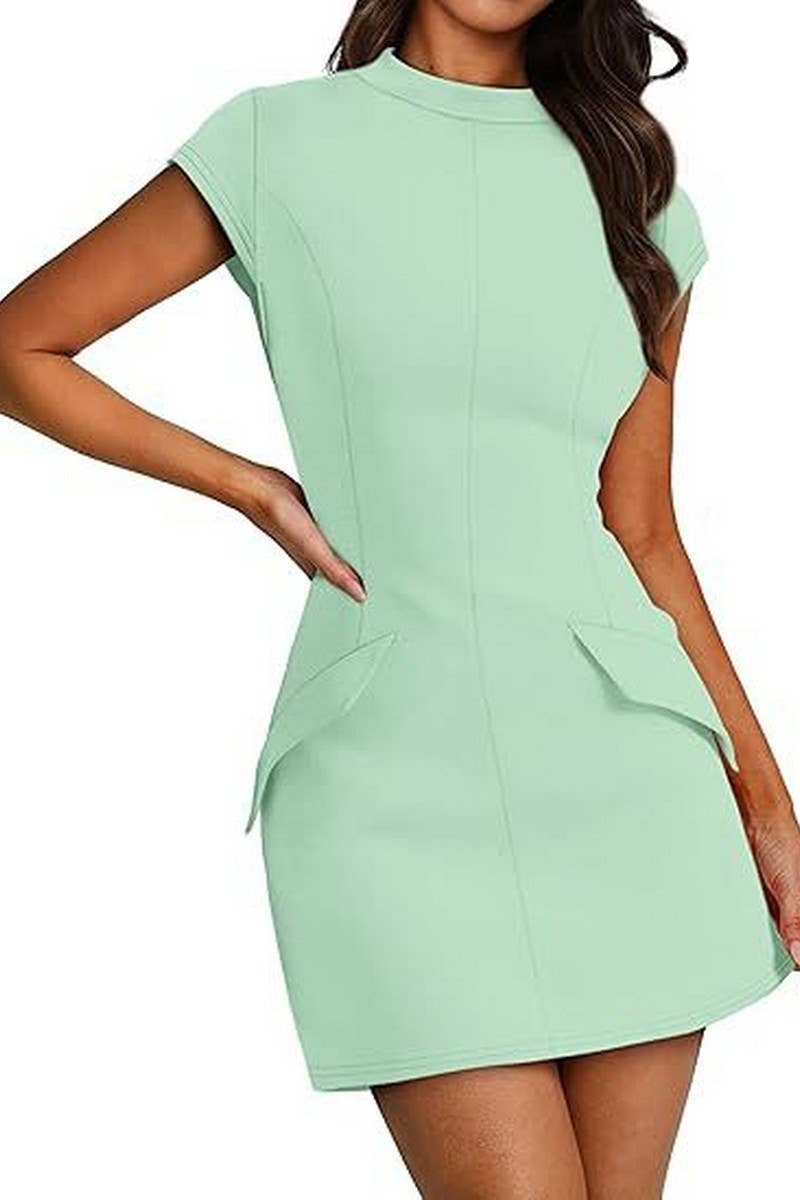 CWDSD8810_ROUND NECK BODYCON PARTY CLUB SHORT SLEEVE DRESS