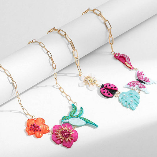 NEW ACRYLIC FLOWER BIRD ALLOY RHINESTONE NECKLACE