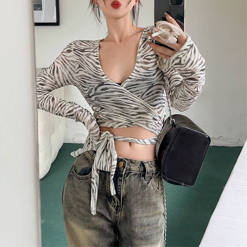 Sexy Zebra Print V-Neck Tie Front Open Cardigan