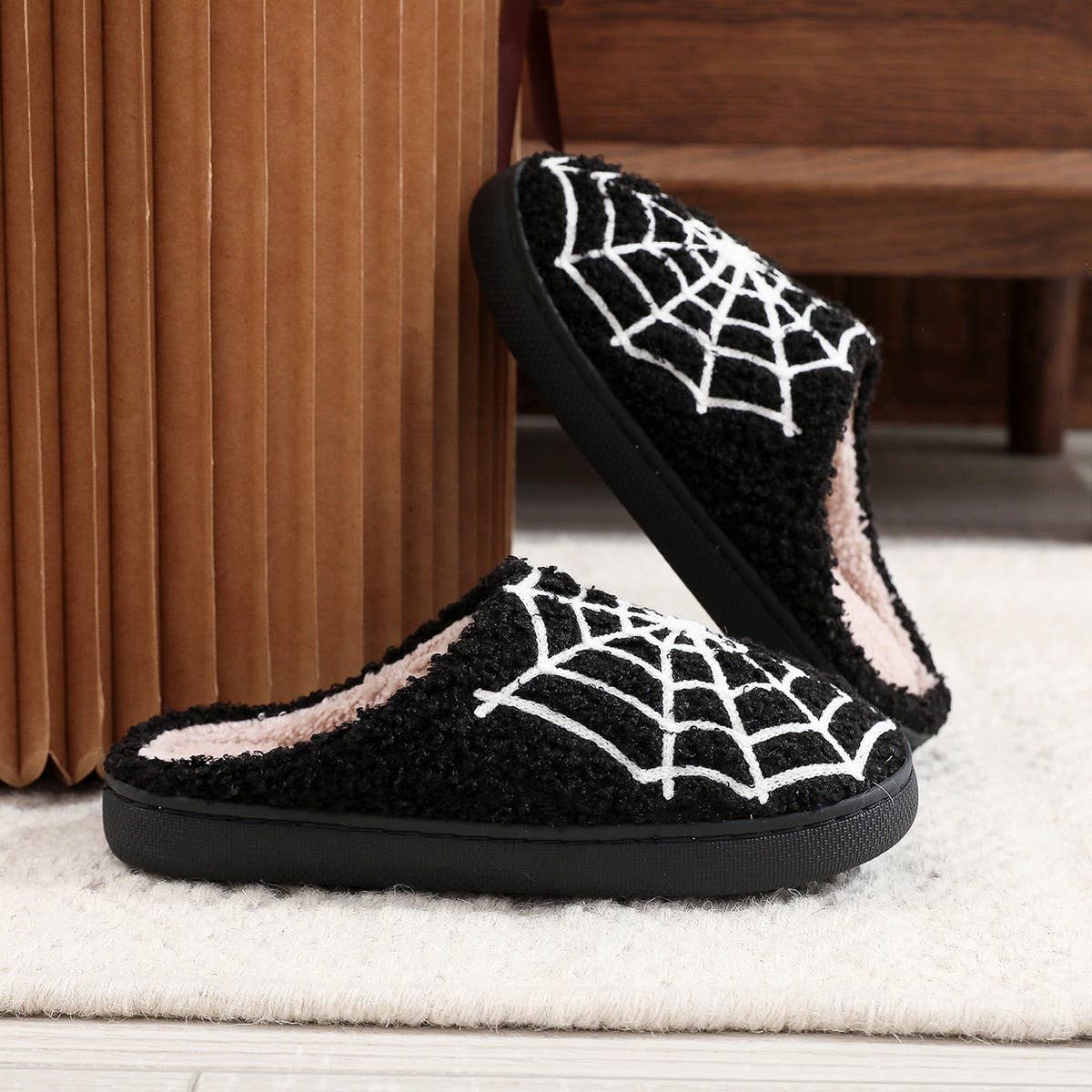 HALLOWEEN SPIDER WEB EMBROIDERED COTTON SLIPPERS
