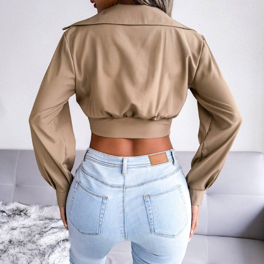 Suit collar knotted shirt crop top