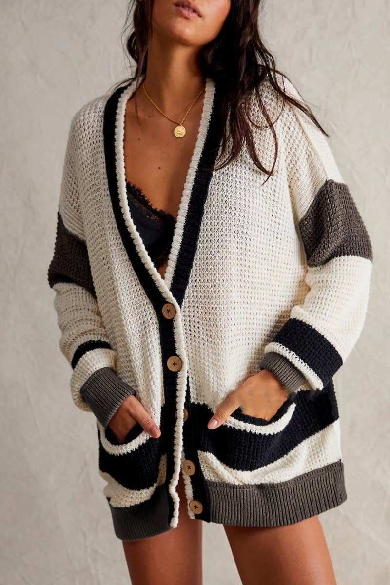 CWOCAL1830_COLOR MATCHING POCKET V-NECK LONG SLEEVE CARDIGAN