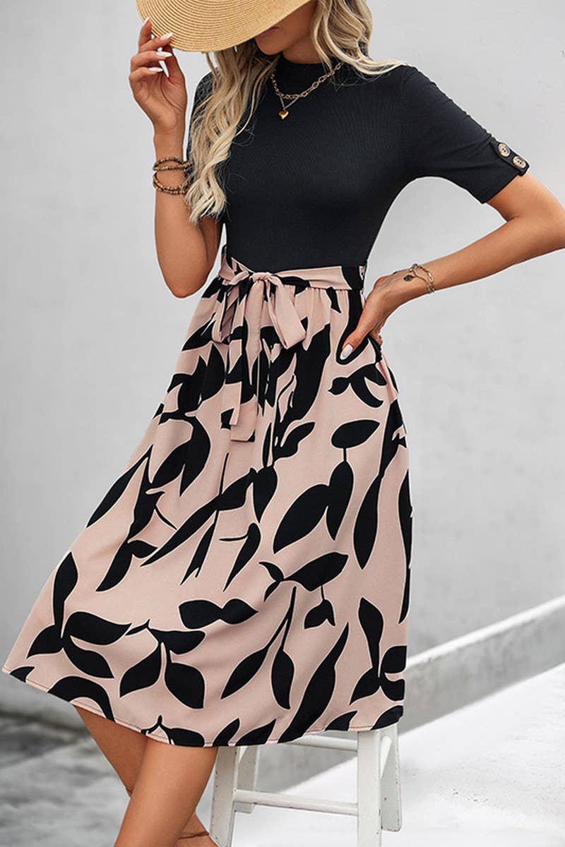 CWDMD4215_PRINTED AB STITCHING SHORT-SLEEVED DRESS