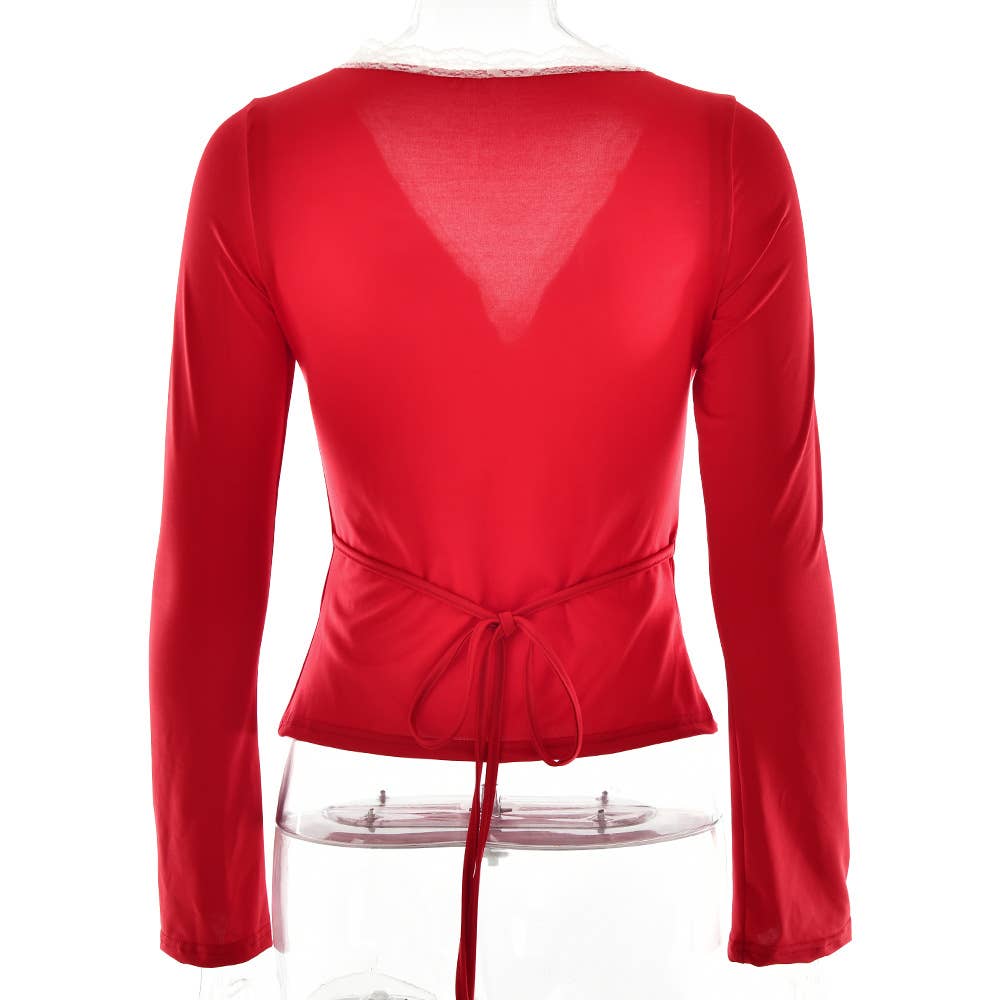 V-neck lace-trimmed bow sexy slimming T-shirt