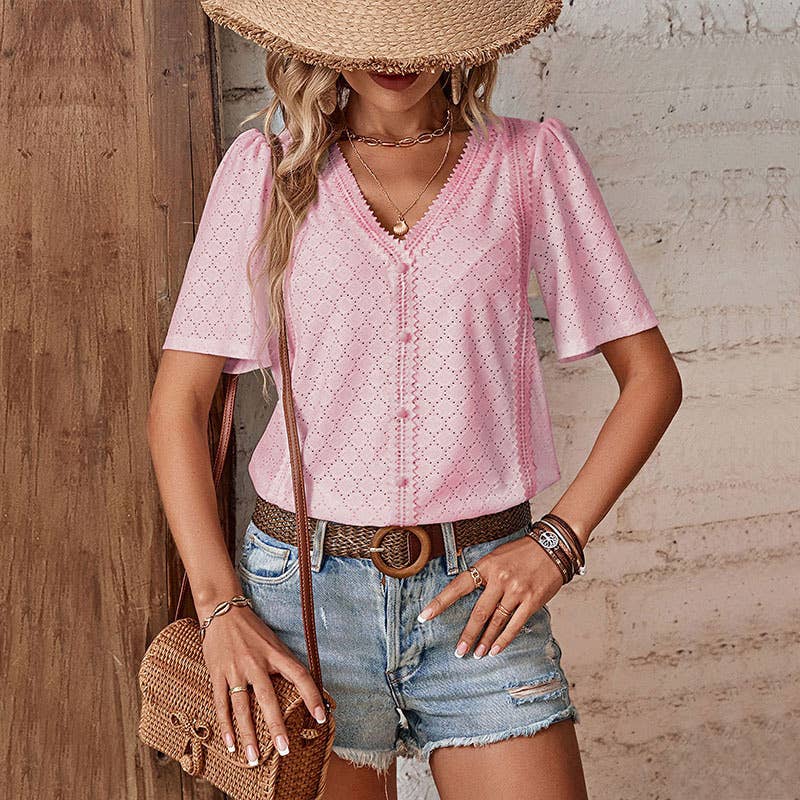 V-neck lace patchwork short-sleeved top