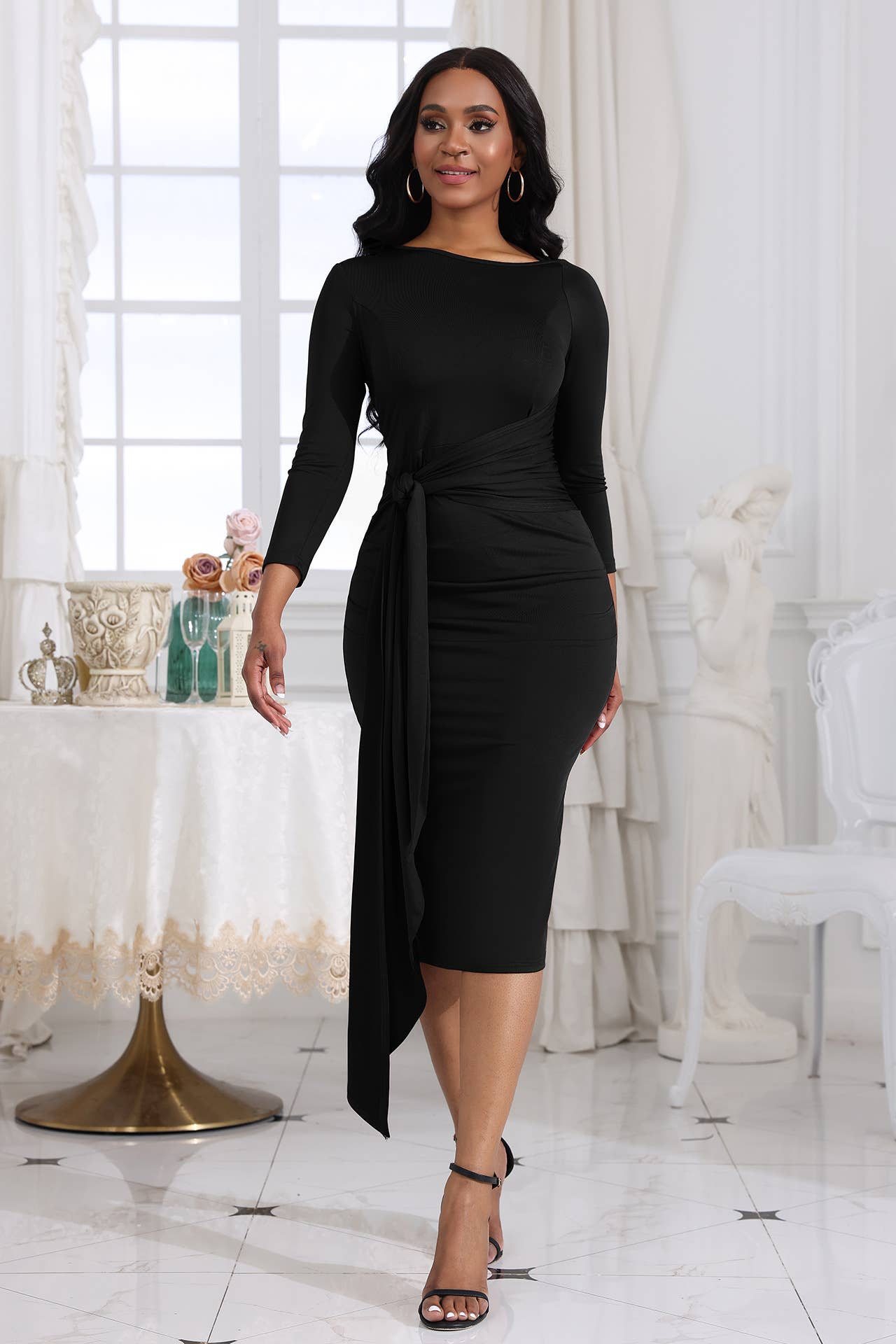 PLEATED LACE-UP HIP-HUGGING DRESS