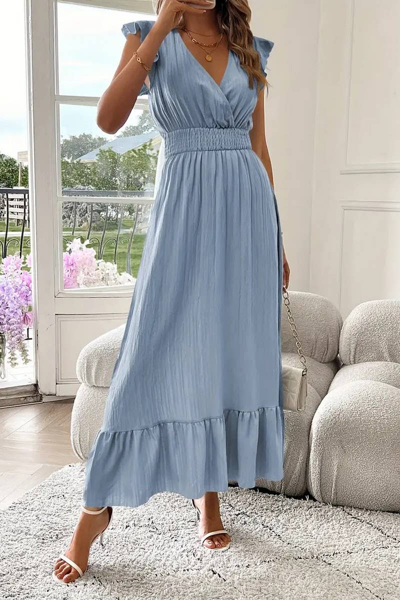 CWDMD5583_SUMMER V-NECK SHORT-SLEEVED LONG DRESS