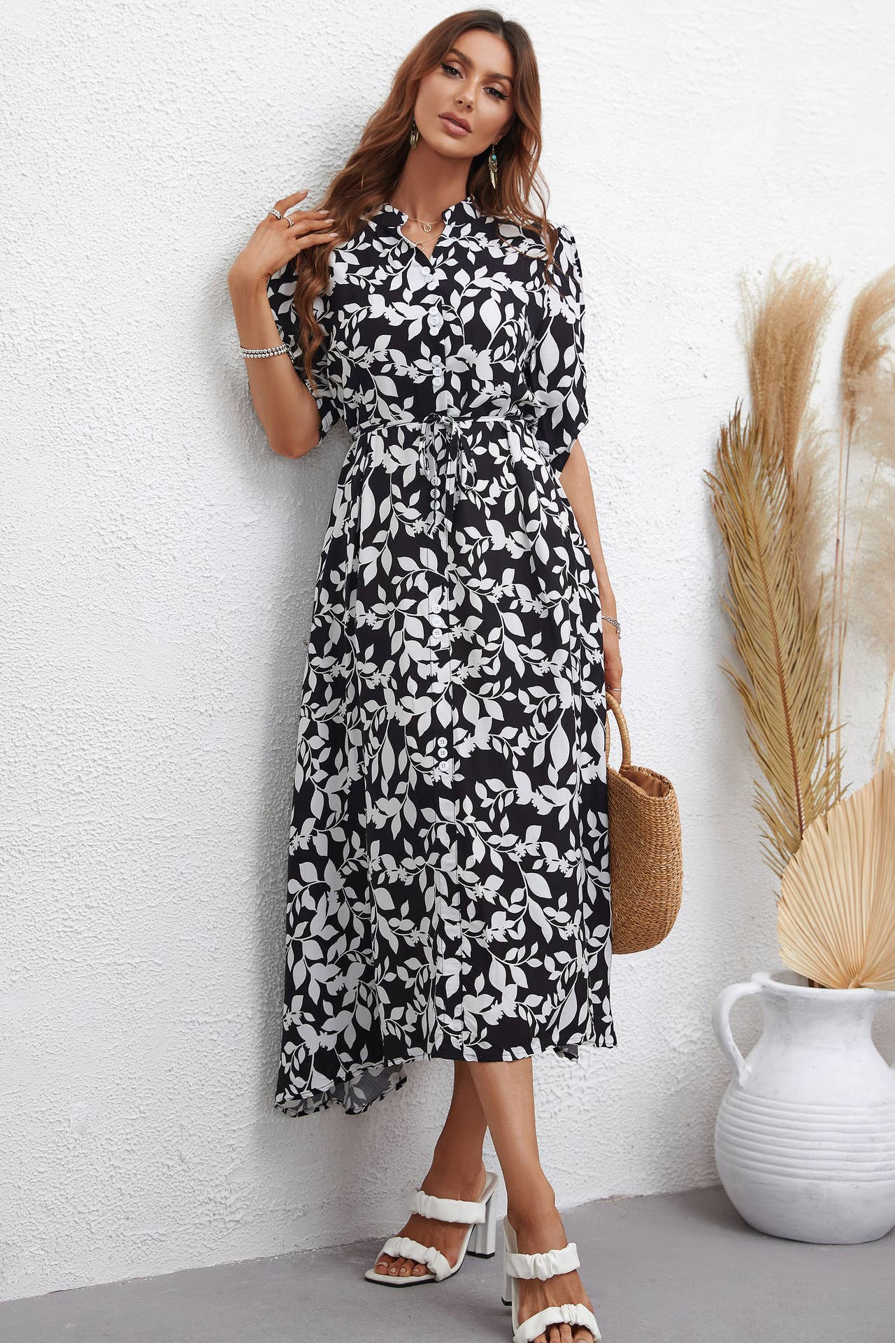 SHIRT COLLAR MID-SLEEVE WAISTBAND LONG DRESS