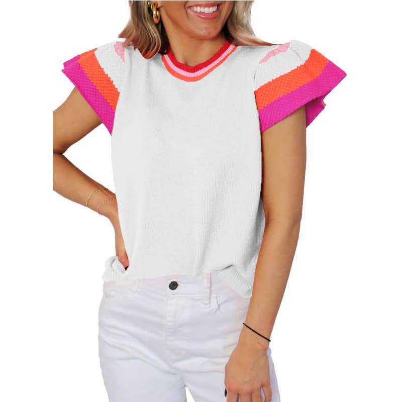 Round-neck color-blocking short-sleeved sweater