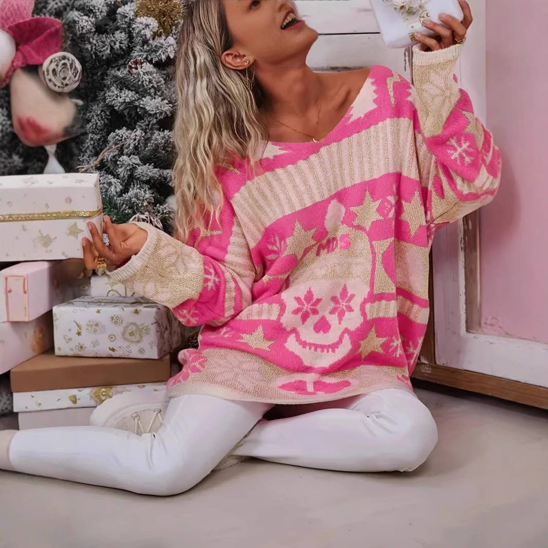 Skull jacquard long loose knitted sweater