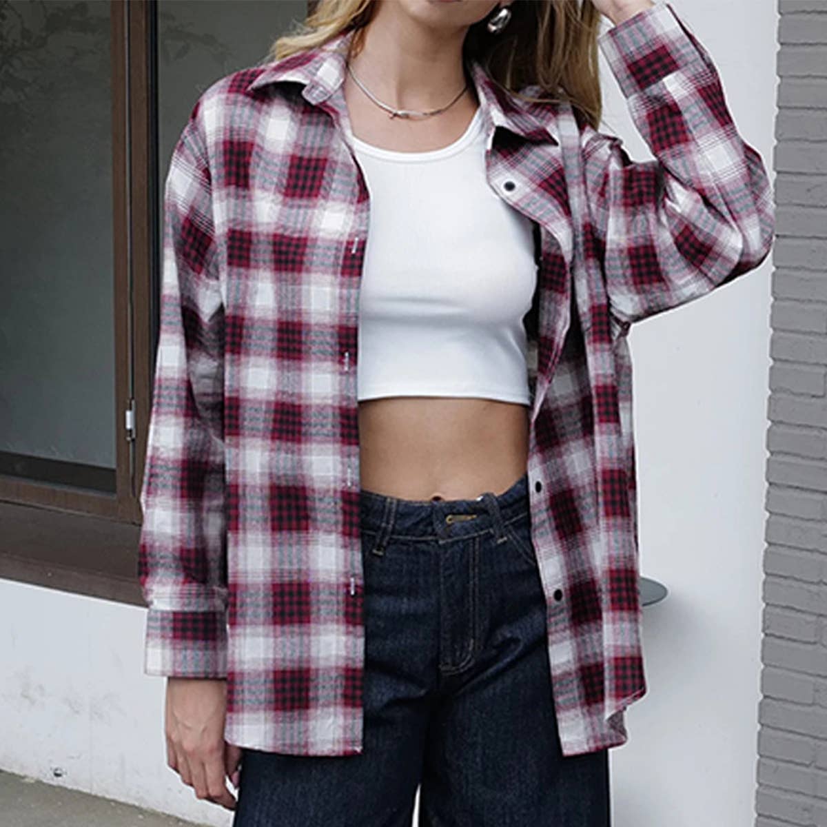 FASHION PERSONALITY PLAID BAGGY LAPEL SHIRT