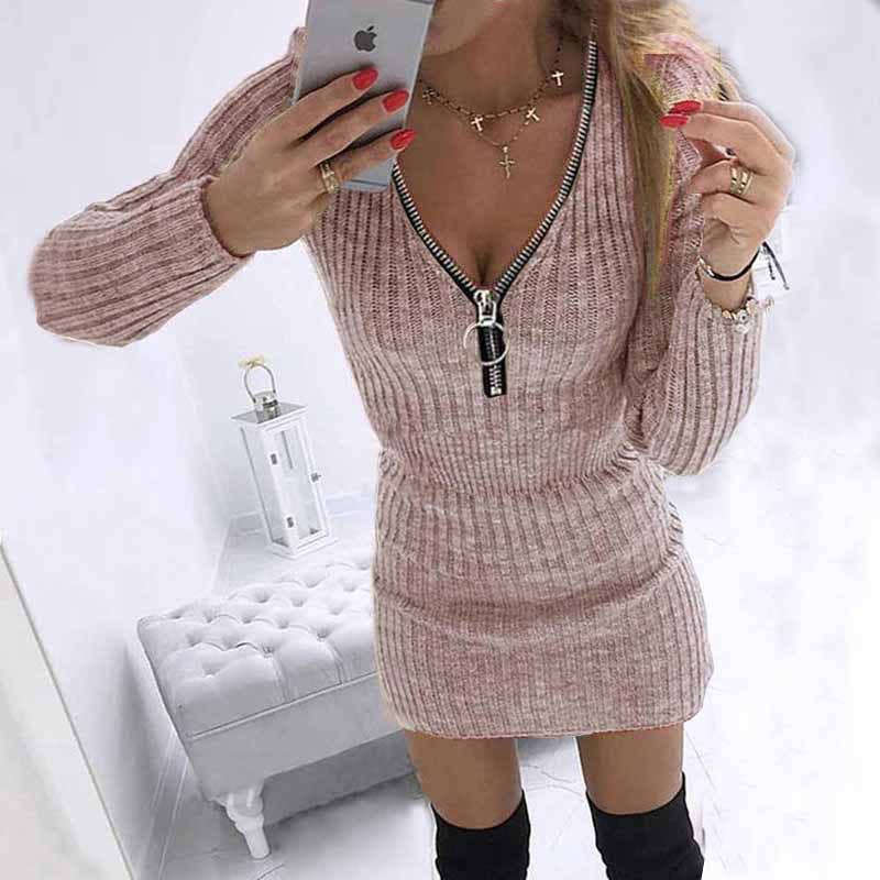 Zipper waist-cinching knitted hip-hugging dress