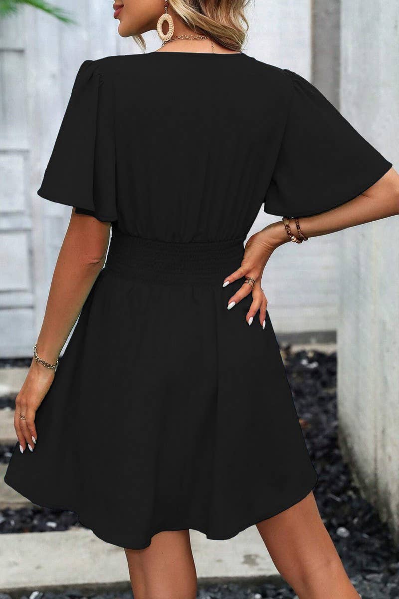 CWDSD7143_V-NECK LOTUS LEAF SLEEVE SOLID COLOR SKIRT DRESS