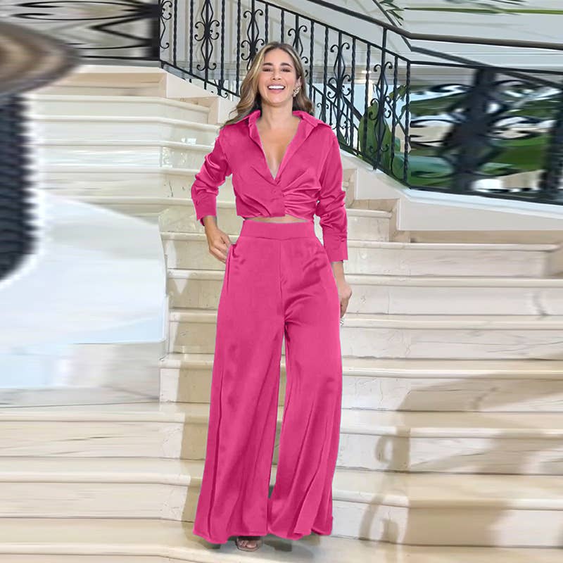 SEXY PLEATED LONG SLEEVE WIDE LEG PANTS SUIT