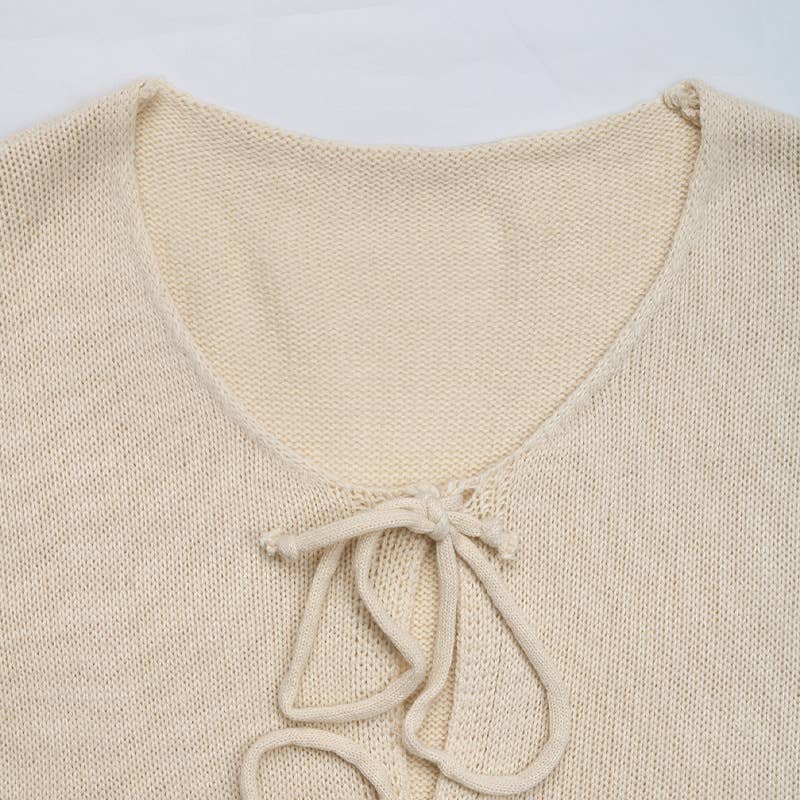 ROUND NECK SOLID COLOR BOW TIE CARDIGAN COAT