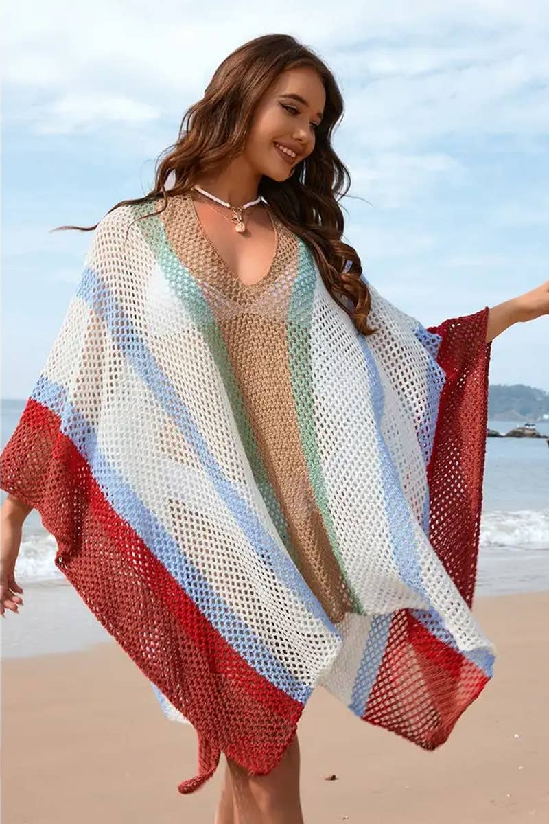 CWDSD7357_SPLICED   HOLLOW BEACH DRESS LOOSE BIKINI COVER UP