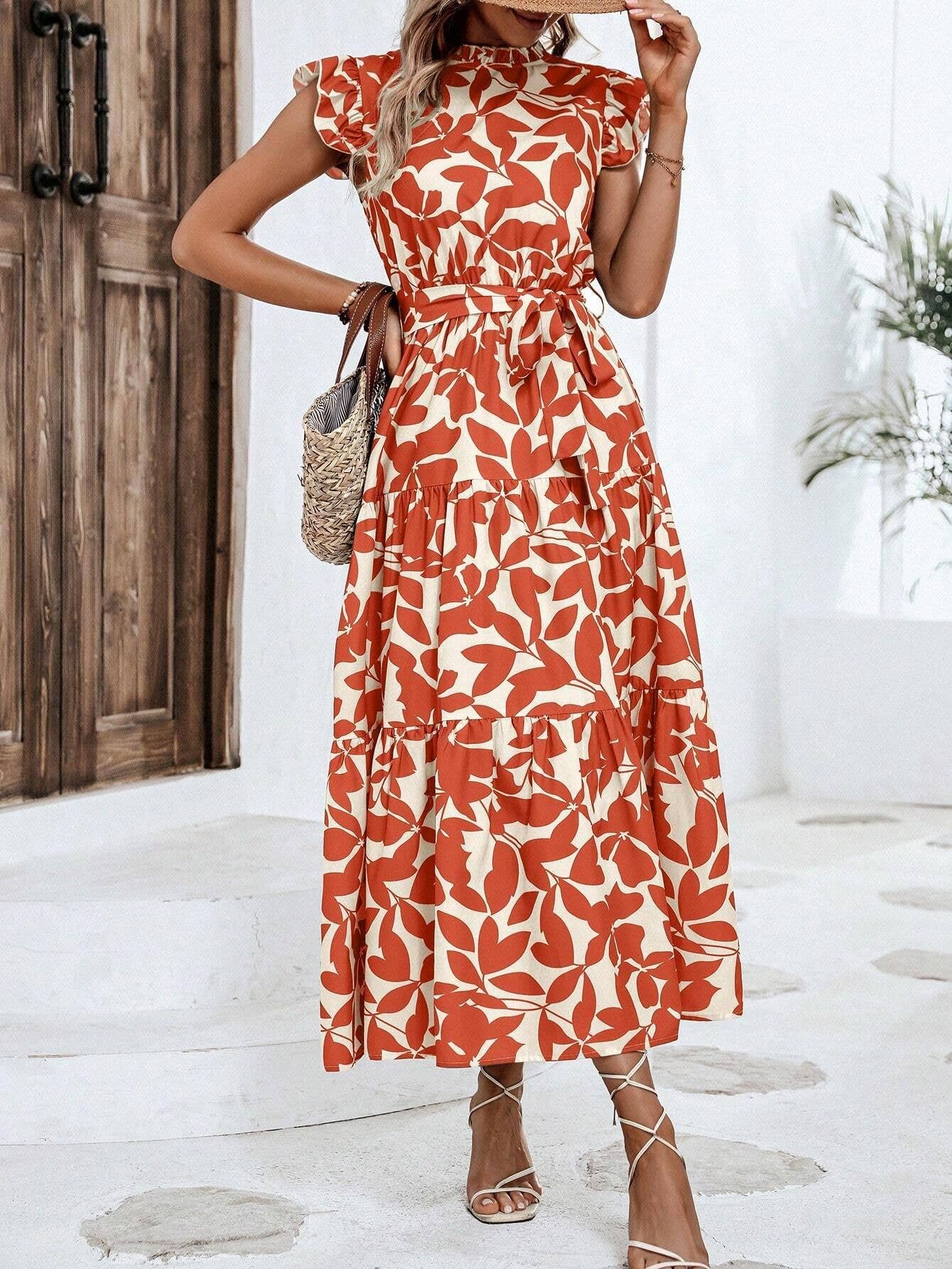 Fashion wooden ears fly-sleeve lace-up long dress