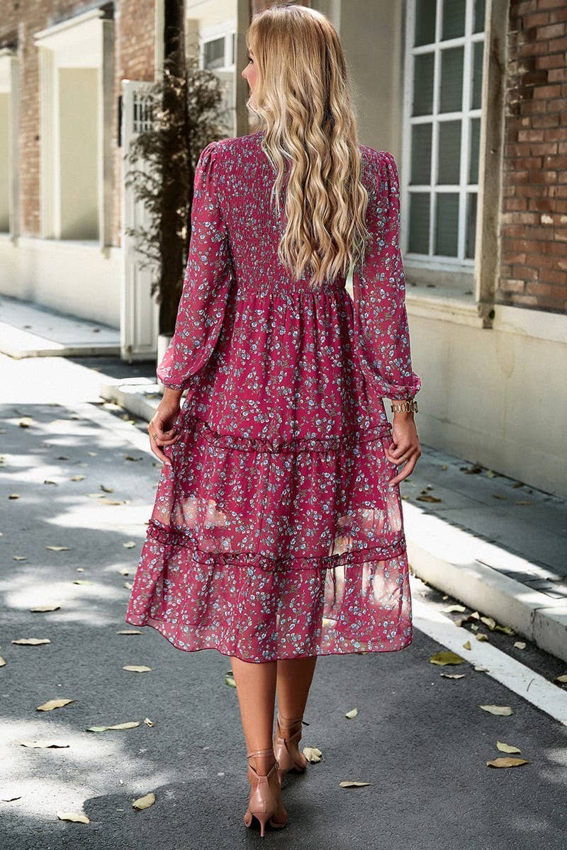 WOMENS CASUAL FLORAL WOODEN EAR EDGE DRESS_CWDMD0711