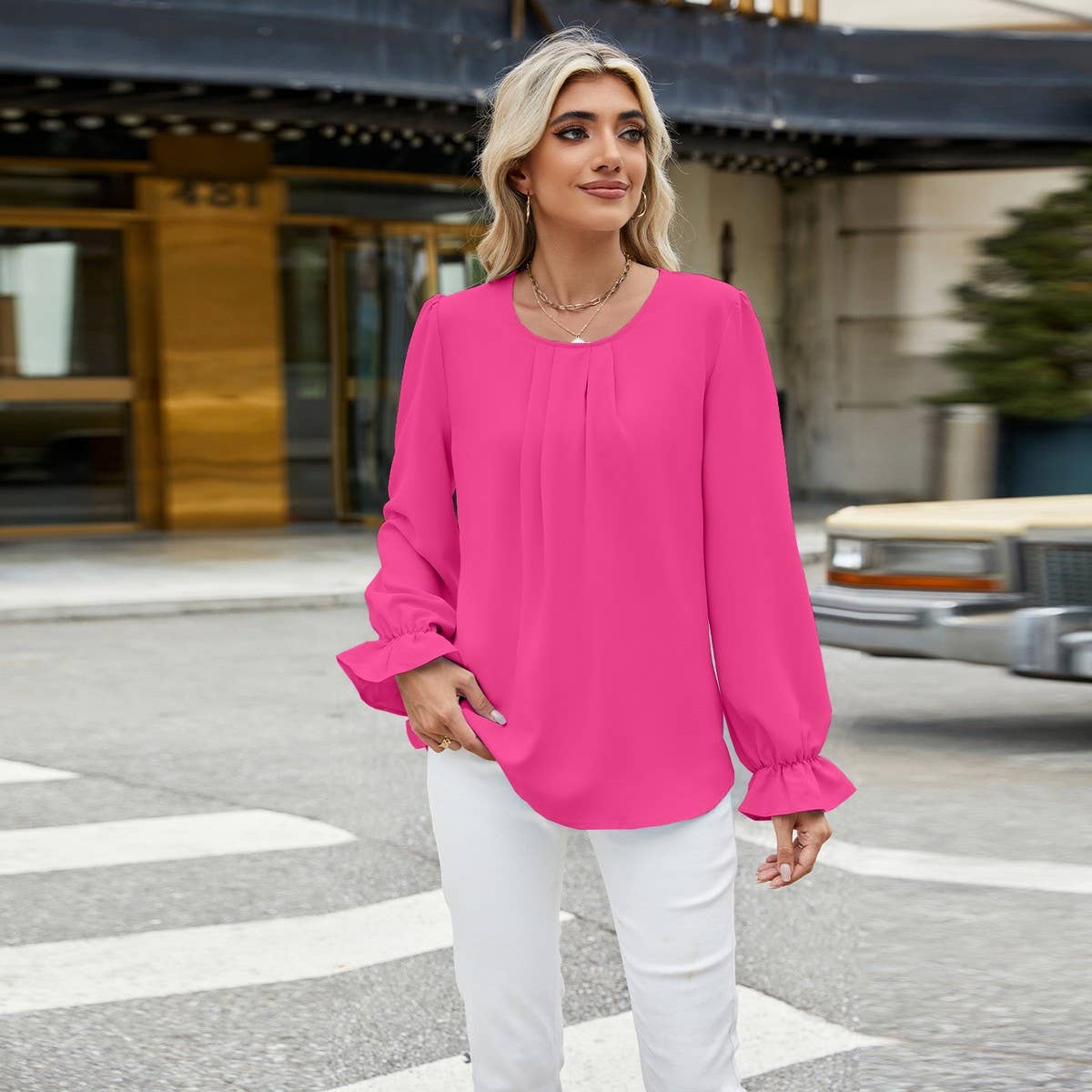 Solid color crew-neck long-sleeved loose chiffon