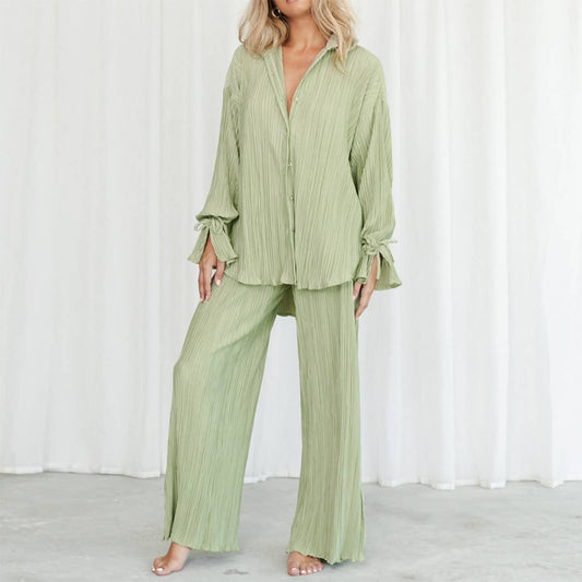 Fashion Pleated Shirt with Split Long Sleeve Set