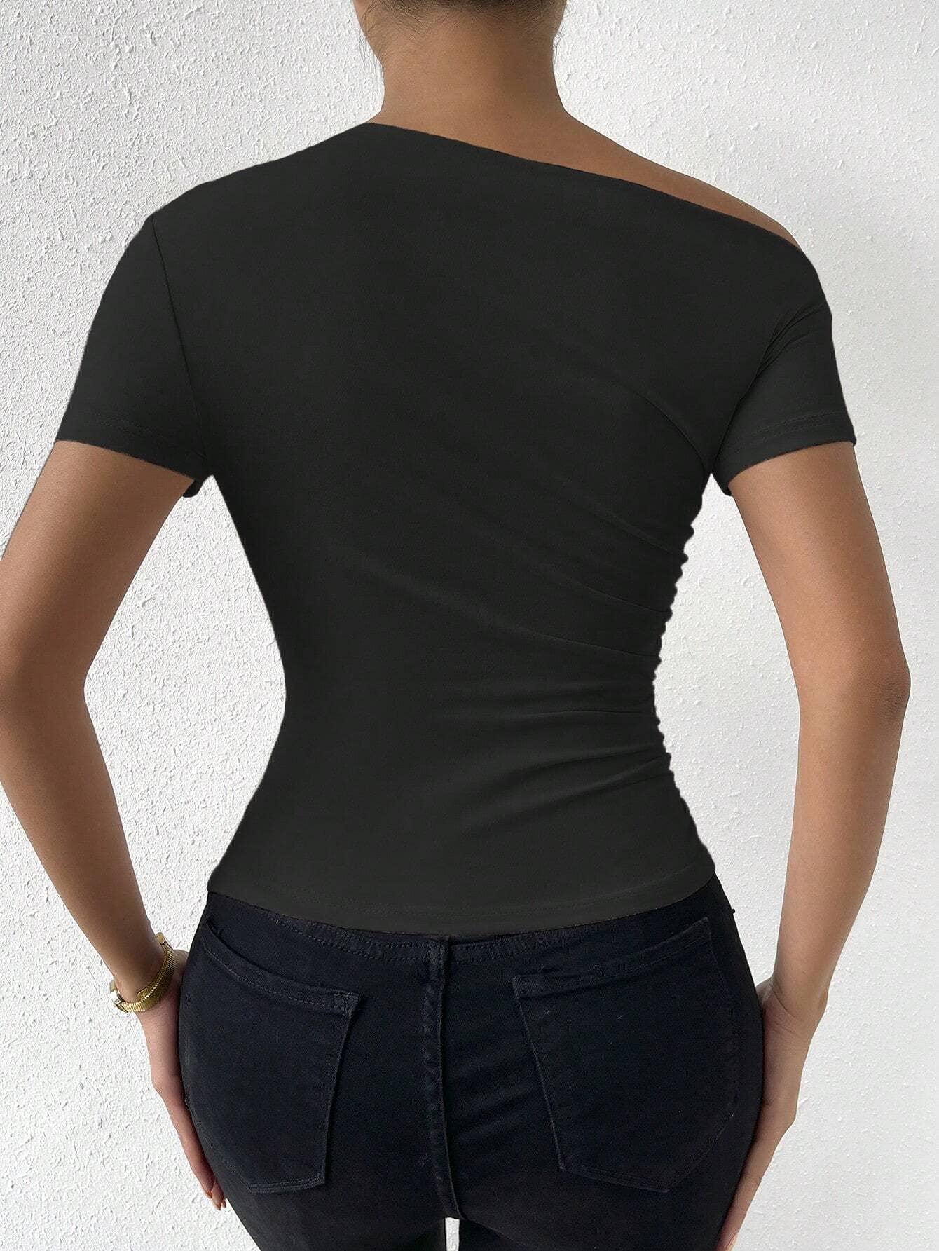 Short-sleeved top with sloping neck design