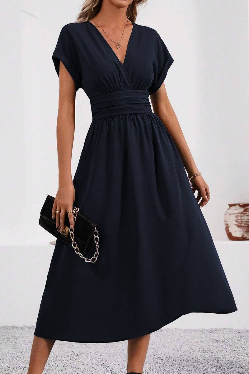 CWDMD4648_SOLID COLOR V-NECK BAT SLEEVE LONG DRESS