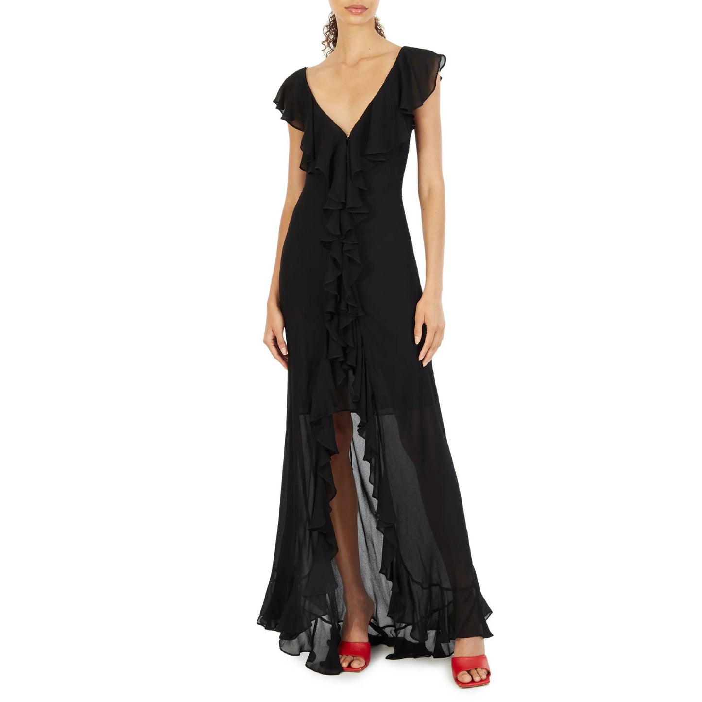 V-NECK SLIT FLESH-THROUGH FLANGED CHIFFON SKIRT